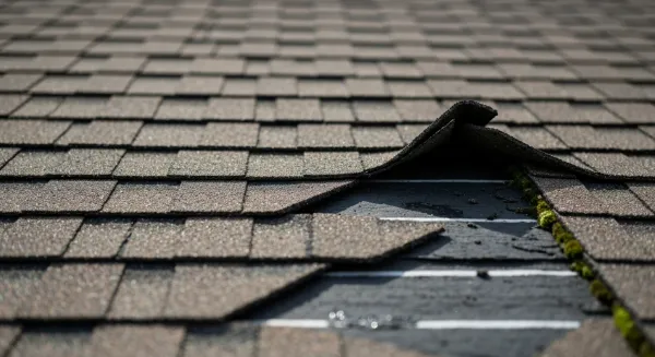 Lifted and damaged asphalt shingles showing hail and wind damage on a Kentucky home