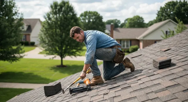 JSR Roofing contractor replacing shingles on a suburban Kentucky home
